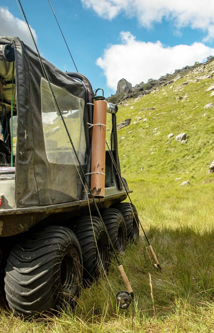 Fly rods and tackle loaded onto the Argocat at Glen Dessary