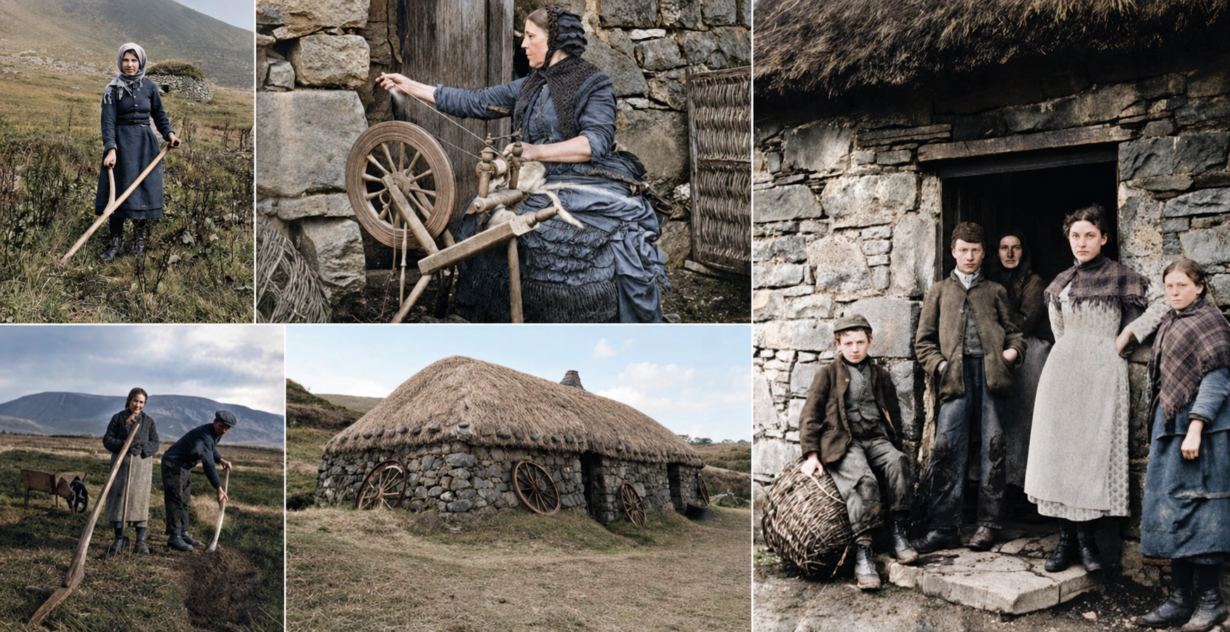 Highland croft life in the 1800s: cutting peat, spinning wool, a thatched blackhouse and a crofting family at their door, colourised