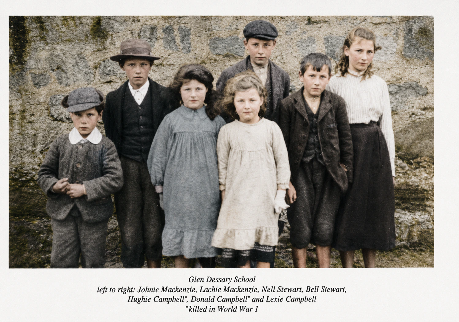 Pupils outside Glen Dessary school in the early 1900s, named in the caption, two of whom were killed in the First World War, colourised