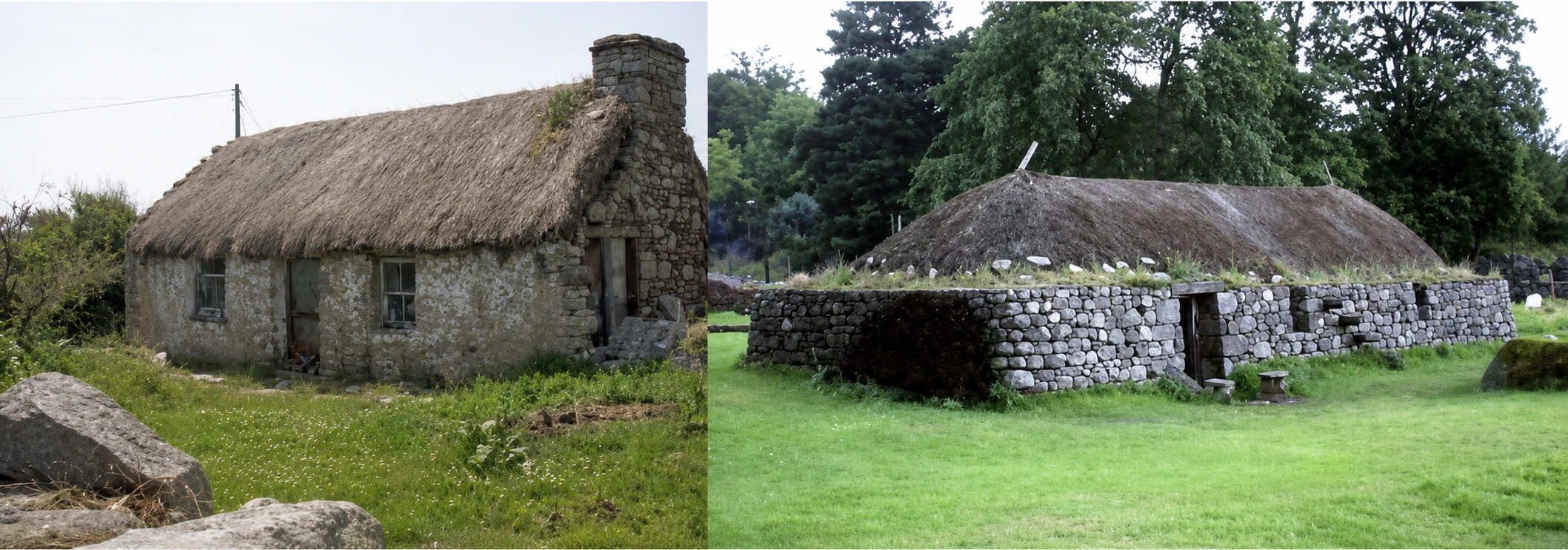 Two restored Highland blackhouses with thatched and turf roofs, of the kind once scattered through Glen Dessary